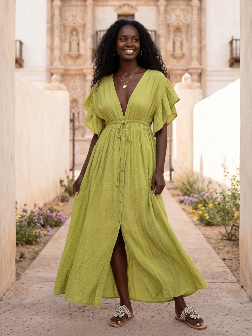 Peach Love Lime Green Gauze Button Front Maxi Dress | Deep V Drawstring Waist - Picture 7 of 8